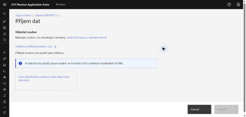 The CSV file upload dialog in Maximo Monitor.