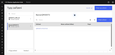 Device types and a pilot device in Maximo Monitor.