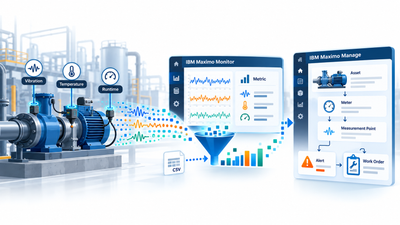 Data flow from an industrial sensor through Maximo Monitor and a meter to a work order in Maximo Manage.